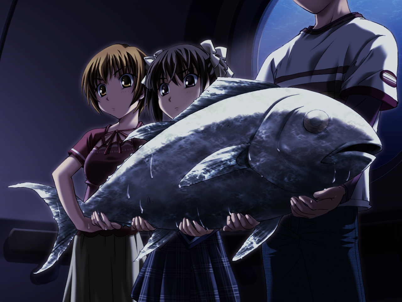 1boy 2girls 5pb. animal black_eyes black_hair blonde_hair blush bow dark ever_17 fish game_cg hair_bow holding kaburaki_ryogo kaburaki_ryougo kuranari_takeshi lineup matsunaga_sara multiple_girls orange_eyes orange_hair plaid_clothes plaid_skirt pleated_skirt ribbon school_uniform shirt short_hair short_twintails skirt standing striped_clothes striped_shirt takigawa_yuu tanaka_you tanaka_yubiseiakikana twintails underwater water wet window