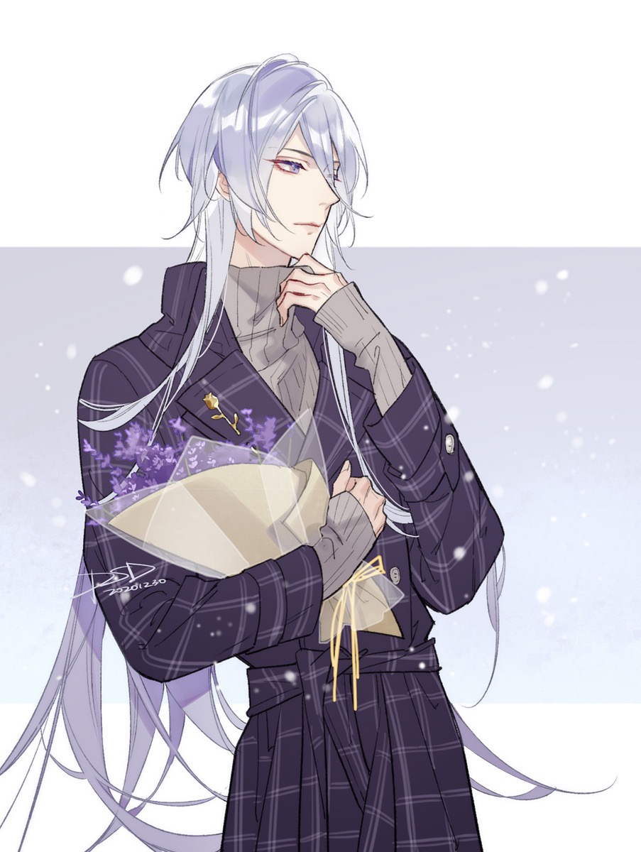 1boy border bouquet cael_anselm chinese_commentary closed_mouth coat collar_tug collared_coat cowboy_shot expressionless flower gradient_background grey_sweater hair_between_eyes hand_up highres holding holding_bouquet lapel_pin lavender_(flower) letterboxed long_bangs long_hair long_sleeves looking_ahead lovebrush_chronicles male_focus outside_border plaid_clothes plaid_coat psd_(psdgai) purple_background purple_coat purple_eyes purple_flower sleeves_past_wrists snowing solo standing sweater trench_coat turtleneck turtleneck_sweater very_long_hair white_border white_hair