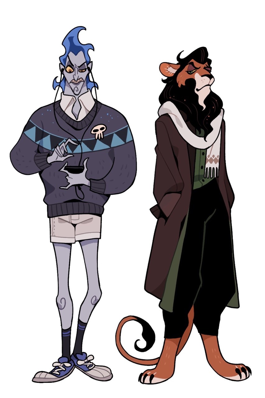 2boys alternate_costume blue_hair colored_skin company_connection disney fiery_hair fire full_body hades_(disney) hercules_(1997_film) hercules_(constellation) highres juanmao lion_boy long_sleeves multiple_boys scar_(the_lion_king) short_hair simple_background teeth the_lion_king yellow_eyes