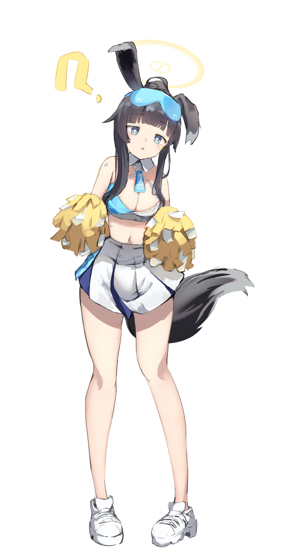 1girl ? animal_ears bare_shoulders black_hair blue_archive blue_eyes blush breasts cheerleader commentary_request dog_ears dog_girl dog_tail ears_up eyewear_on_head full_body halo hibiki_(blue_archive) hibiki_(cheer_squad)_(blue_archive) highres holding holding_pom_poms long_hair looking_at_viewer midriff millennium_cheerleader_outfit_(blue_archive) morishin546 navel official_alternate_costume pom_pom_(cheerleading) pom_poms simple_background skirt sleeveless solo sports_bra standing star_sticker sticker_on_face stomach tail text_print white_background white_footwear white_skirt
