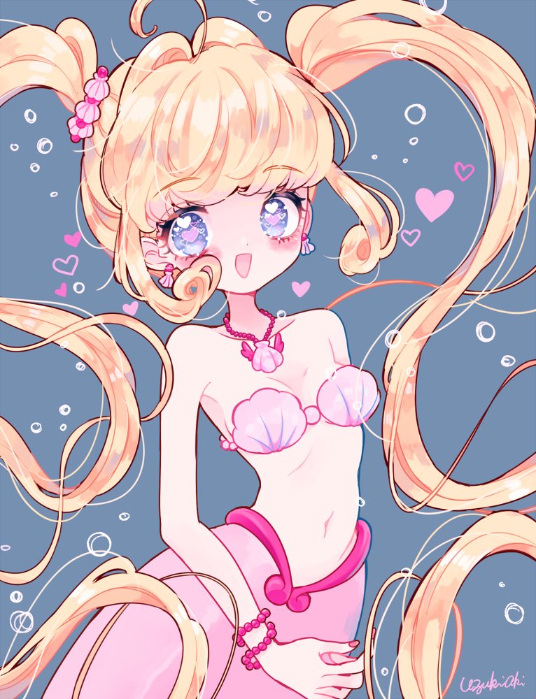 1girl ahoge bikini blonde_hair blue_eyes bracelet bubble choker earrings happy heart heart-shaped_pupils heart_earrings jewelry mermaid mermaid_melody_pichi_pichi_pitch monster_girl nail_polish nanami_lucia nanami_lucia_(mermaid) open_mouth pink_nails shell shell_bikini signature simple_background solo symbol-shaped_pupils twintails uzuki_aki