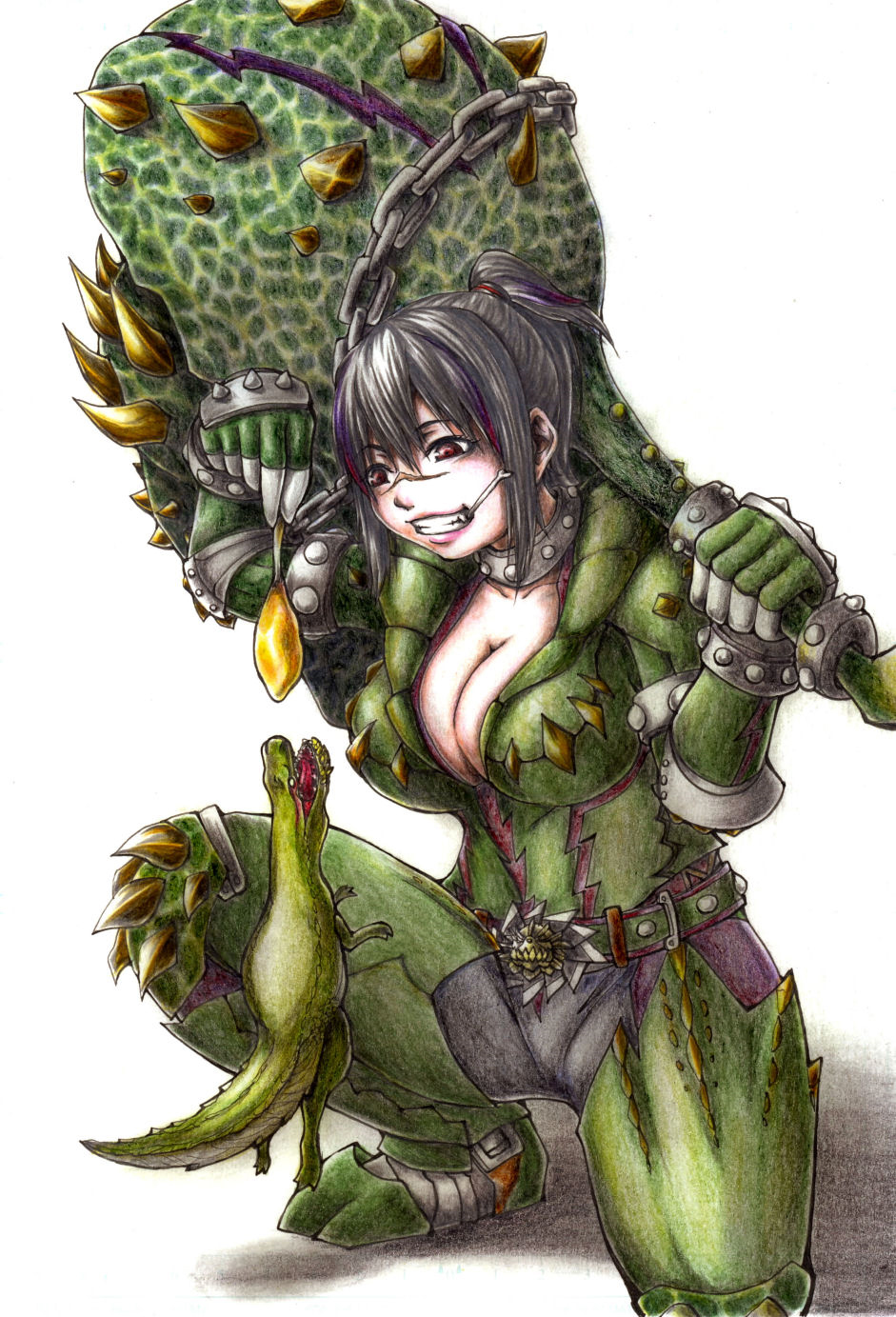 1girl armor black_hair breasts brown_eyes capcom cleavage colored_pencil_(medium) deviljho deviljho_(armor) fang female_focus garyuu_ryuuga grin hammer highres large_breasts md5_mismatch monster monster_hunter_(series) monster_hunter_3 ponytail short_hair smile solo traditional_media weapon white_background