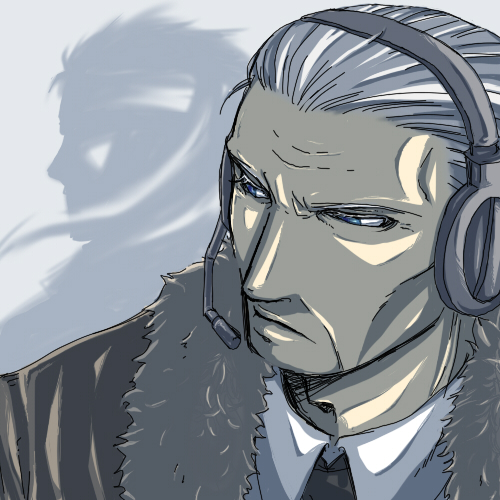 artist_request bandana blue_eyes headset lowres major_zero metal_gear_(series) metal_gear_solid_3:_snake_eater naked_snake white_hair