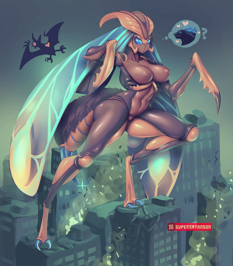 1girl 2boys ? arthropod_girl ass bioluminescence blue_eyes breasts bug butterfly city curvy destruction glowing glowing_eyes godzilla godzilla:_king_of_the_monsters godzilla_(series) insect kaiju large_breasts legendary_pictures looking_at_viewer monster_girl monsterverse moth mothra multiple_boys nipples personification pterosaur rodan stinger supersatanson thick_thighs thighs thong toho topless_female underwear wings