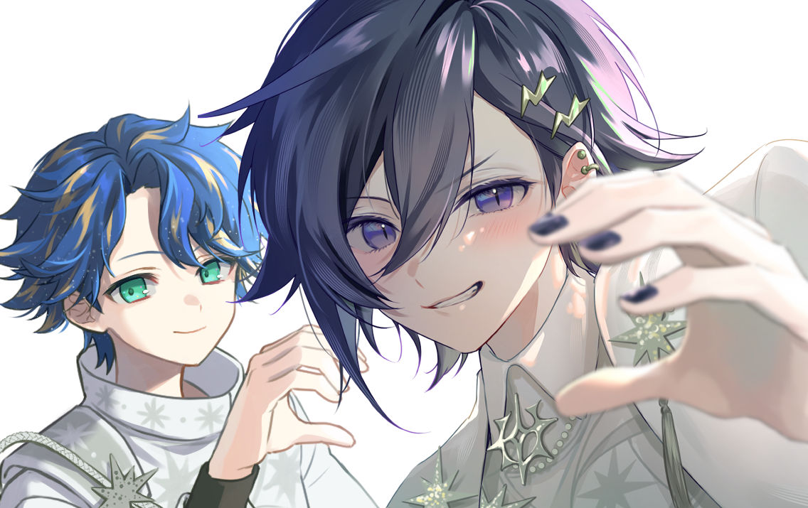 2boys astel_leda bishounen black_hair black_nails blonde_hair blue_hair blush close-up commentary_request earrings eyelashes foreshortening grin hair_between_eyes hair_ornament hairclip heart heart_hands holostars jacket jewelry kanade_izuru lightning_bolt lightning_bolt_hair_ornament lightning_bolt_symbol long_sleeves looking_at_viewer luma8b male_focus multicolored_hair multiple_boys perspective purple_eyes selfie shirt short_hair slit_pupils smile teeth virtual_youtuber white_background