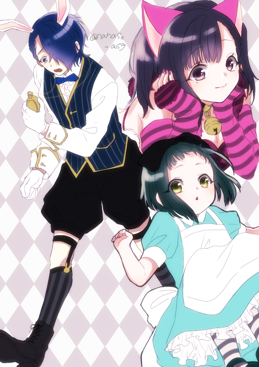 1boy 2girls alice_(alice_in_wonderland) alice_(alice_in_wonderland)_(cosplay) alice_in_wonderland animal_ears asagi_nanase blue_eyes blue_hair cat_ears cat_girl cheshire_cat_(alice_in_wonderland) cheshire_cat_(alice_in_wonderland)_(cosplay) cosplay green_eyes green_hair hair_over_one_eye highres kashiki_yuno milgram mole mole_under_eye momose_amane multiple_girls pocket_watch purple_eyes purple_hair rabbit_boy rabbit_ears sakurai_haruka_(milgram) watch white_rabbit_(alice_in_wonderland) white_rabbit_(alice_in_wonderland)_(cosplay)