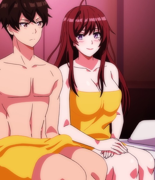 1boy 1girl anehame_ore_no_hatsukoi_ga_jisshi_na_wake_ga_nai blush breasts brother_and_sister brown_hair cleavage completely_nude erection erection_under_towel hotel_room incest large_breasts looking_back mole mole_under_eye nude penis purple_eyes sakagami_rio siblings subtitled teasing towel towel_over_breasts