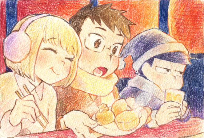 1girl 2boys black_hair black_santa_costume brown_hair chopsticks coat colored_pencil_(medium) drinking earmuffs eating food food_in_mouth fur_trim glasses glasses_boy_(osomatsu-san) hat keroko_(frolicfrogs) looking_to_the_side matsuno_ichimatsu multiple_boys noodles osomatsu-kun osomatsu-san osomatsu_(series) ramen santa_costume santa_hat short-haired_girl_(osomatsu-san) short_hair traditional_media winter_clothes winter_coat