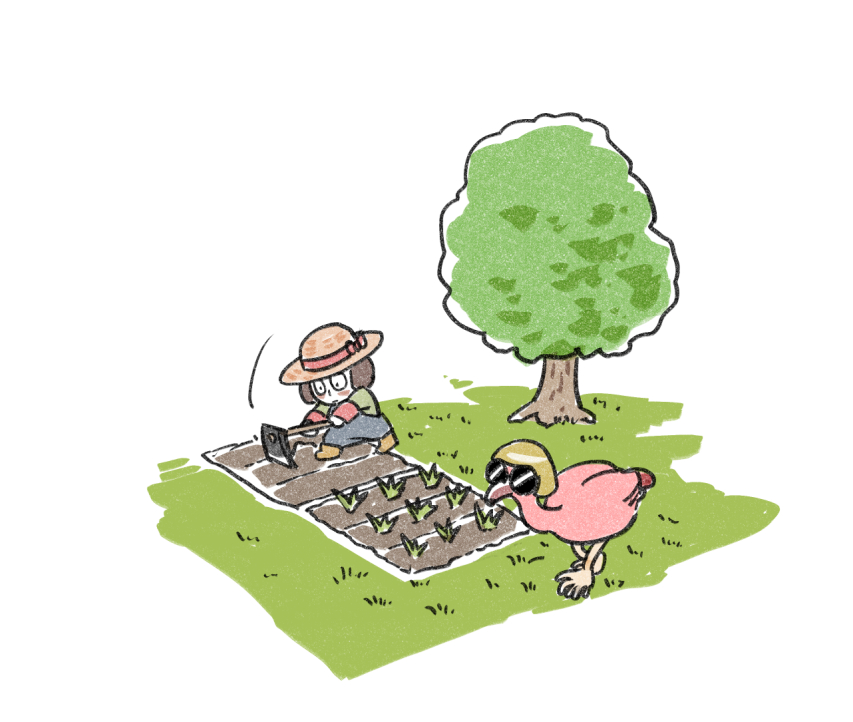 1boy animal bird blonde_hair blue_overalls blush_stickers boots brown_hair chibi clothed_animal commentary_request farming flamingo green_shirt hat hoe holding_hoe luther_von_ivory male_focus outdoors overalls plant randal&#039;s_friends shirt short_hair simple_background solo standing sun_hat sunglasses tree tsukasa_(tsukasa_mimizuku) white_background