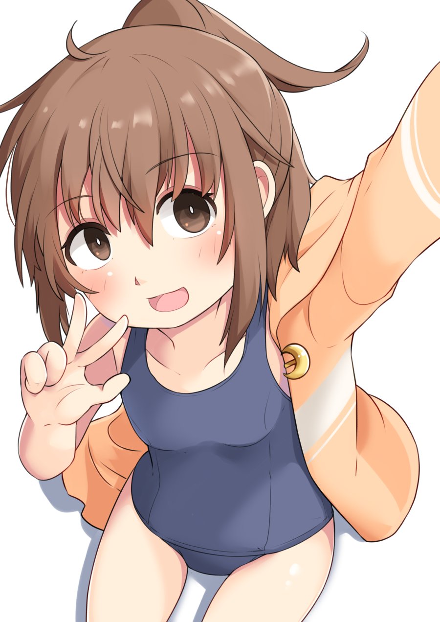 1girl blue_one-piece_swimsuit blush brown_eyes brown_hair crescent crescent_pin fumizuki_(kancolle) highres hood hooded_jacket jacket kantai_collection long_hair long_sleeves looking_up okitarou_(okiyo) old_school_swimsuit one-piece_swimsuit open_mouth orange_jacket ponytail school_swimsuit selfie sitting smile solo swimsuit