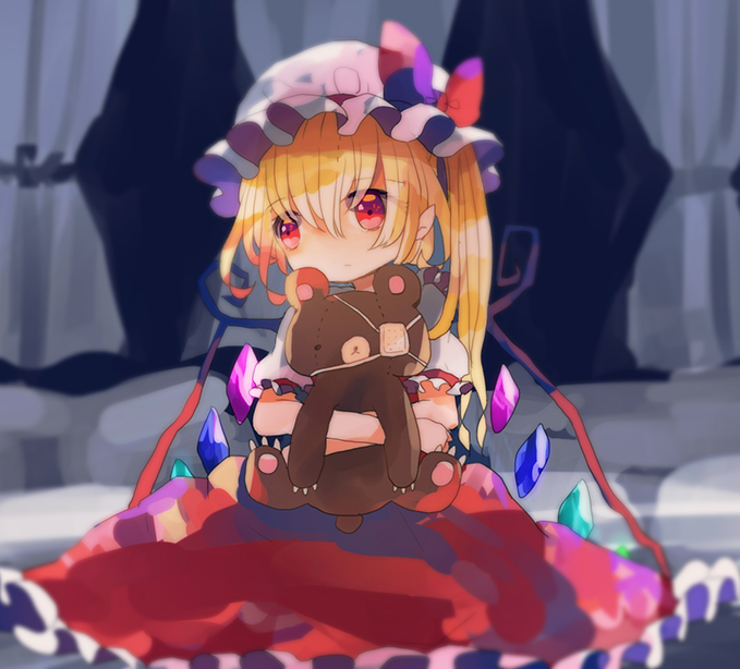1girl blonde_hair closed_mouth curtains dark_background flandre_scarlet frilled_skirt frilled_sleeves frills hair_between_eyes hat hat_ribbon head_tilt hiyuu_(hiyualice) holding holding_stuffed_toy indoors looking_at_viewer medium_hair mob_cap multicolored_wings one_side_up pointy_ears puffy_short_sleeves puffy_sleeves red_eyes red_ribbon red_skirt red_vest ribbon shirt short_sleeves skirt sleeve_ribbon solo stuffed_animal stuffed_toy teddy_bear touhou vest white_curtains white_hat white_shirt wings