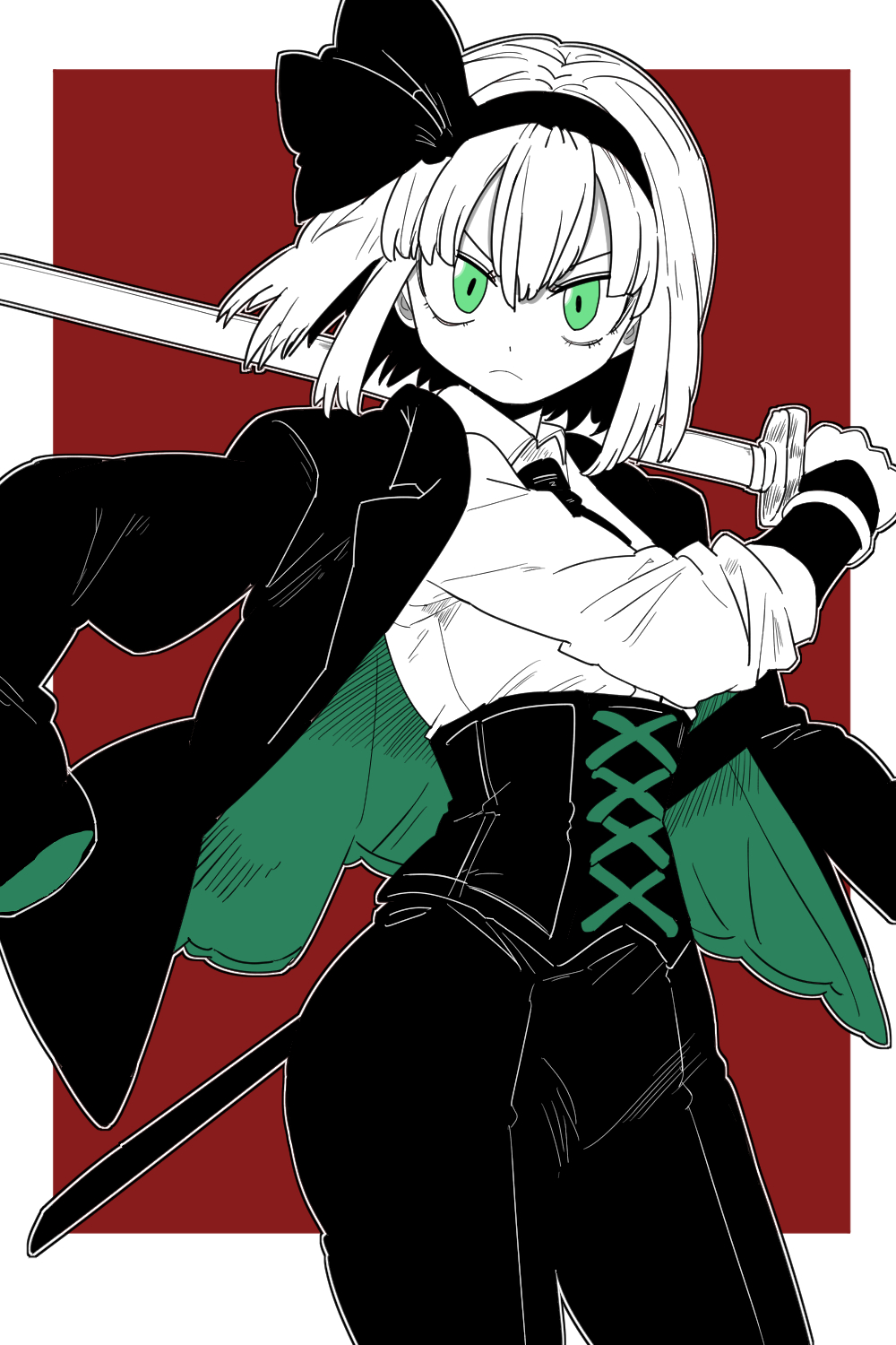 1girl black_coat black_corset black_hairband black_necktie black_pants black_ribbon bollzzalguy coat coat_on_shoulders collared_shirt corset green_eyes hairband highres holding holding_sword holding_weapon katana konpaku_youmu necktie pants ribbon sheath shirt simple_background sword touhou weapon white_hair white_shirt