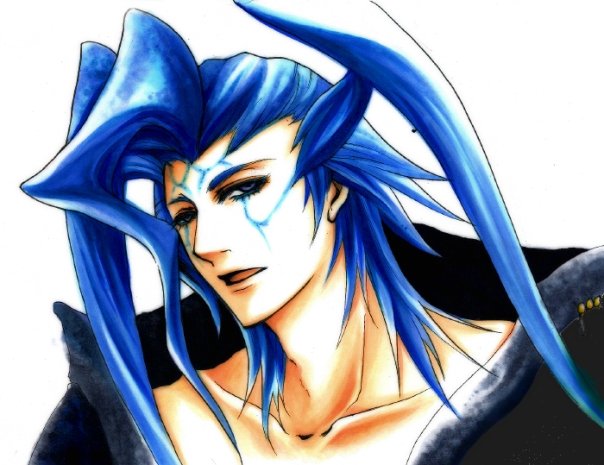 00s 1boy blue_hair collarbone facial_mark final_fantasy final_fantasy_x male_focus open_mouth seymour_guado simple_background solo
