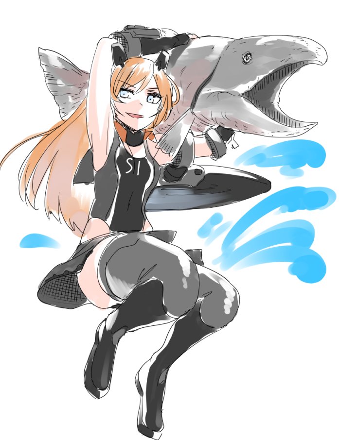 1girl animal black_gloves black_one-piece_swimsuit clothes_writing commentary_request fake_horns fish full_body gloves grey_skirt grey_thighhighs holding holding_animal holding_fish horned_headwear horns ifuji_shinsen kantai_collection long_hair name_connection object_namesake one-piece_swimsuit orange_hair salmon_(fish) salmon_(kancolle) skirt swimsuit thighhighs two-tone_swimsuit yellow_eyes