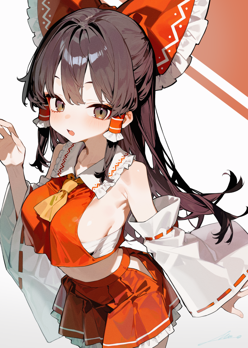 1girl arm_warmers bare_shoulders breasts brown_eyes brown_hair collared_shirt frills hair_between_eyes hair_ornament hair_ribbon hakurei_reimu large_breasts long_hair looking_at_viewer open_mouth overlord_(overlord80000) pleated_skirt red_ribbon red_shirt red_skirt ribbon shirt sideboob simple_background skirt sleeveless sleeveless_shirt solo touhou white_arm_warmers wide_sleeves