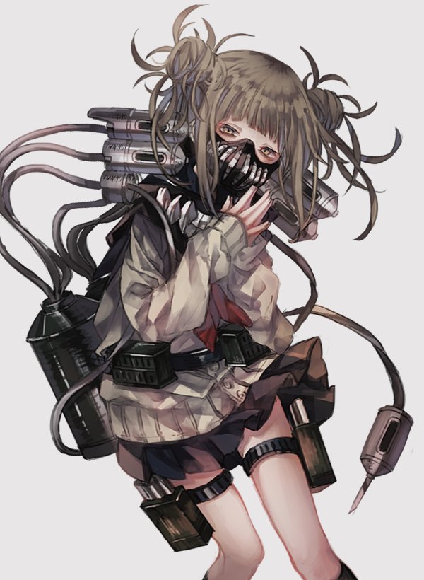 1girl black_skirt black_socks boku_no_hero_academia brown_eyes brown_hair double_bun female_focus fingernails grey_background hair_bun long_hair long_sleeves mask oro_ponzu own_hands_together red_neckwear simple_background skirt sleeves_past_wrists socks solo syringe toga_himiko uniform