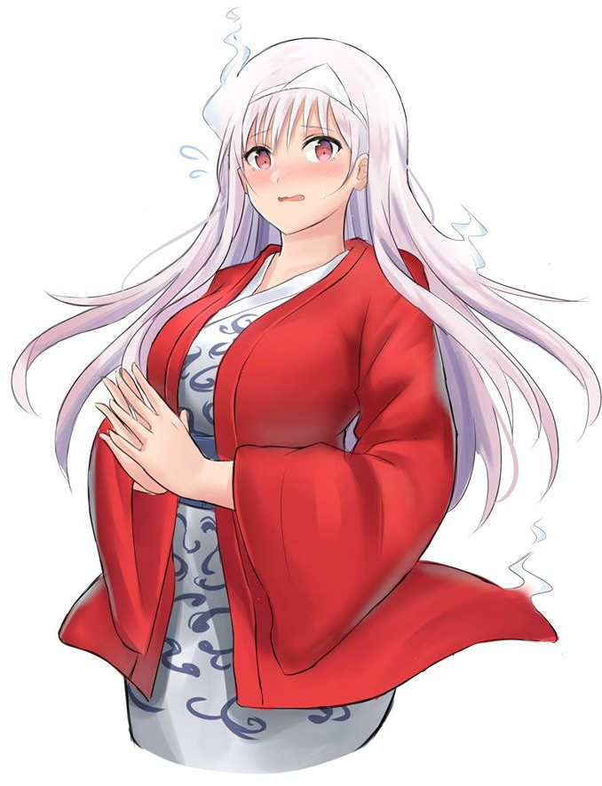 10s 1girl bad_id bad_pixiv_id blush breasts cropped_legs embarrassed female_focus flying_sweatdrops ghost hanten_(clothes) japanese_clothes kimono large_breasts long_hair looking_at_viewer nose_blush open_mouth own_hands_together red_eyes simple_background solo triangular_headpiece ucukrtz upper_body wavy_mouth white_background white_hair white_kimono yunohana_yuuna yuragisou_no_yuuna-san
