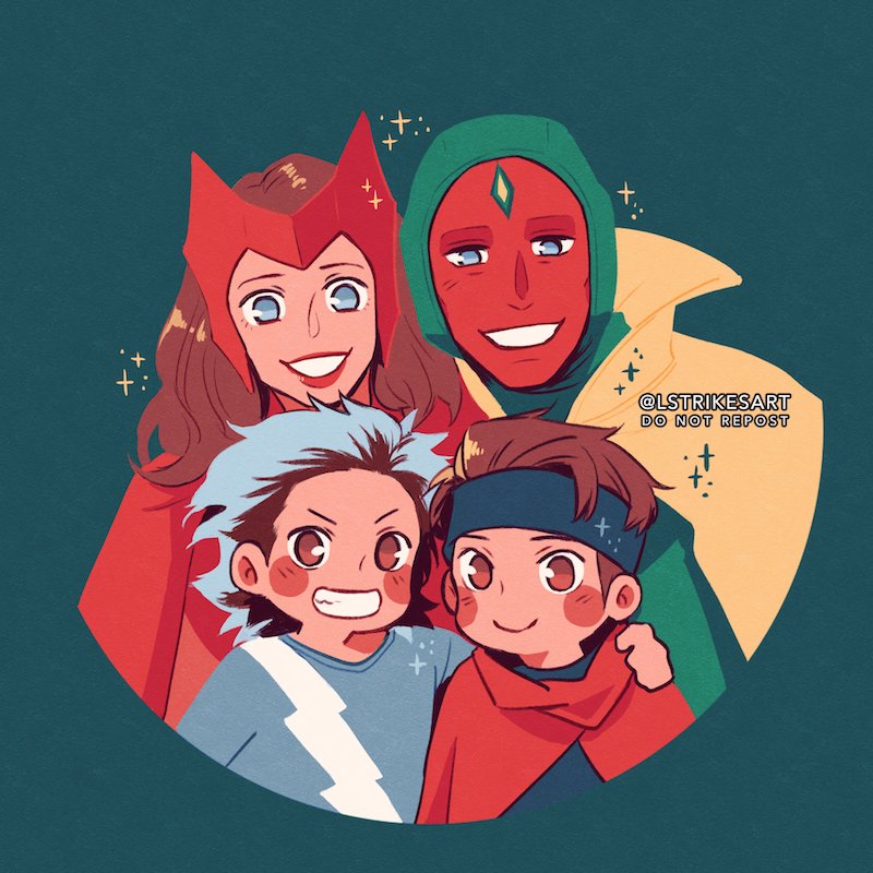 1girl 3boys artist_name billy_maximoff blue_eyes blue_hair blue_shirt brothers brown_eyes brown_hair cape closed_mouth colored_skin commentary english_commentary family father_and_son forehead_jewel green_background hand_on_another&#039;s_shoulder happy headband husband_and_wife lightning_bolt_print lightningstrikes long_hair long_sleeves looking_at_viewer marvel marvel_cinematic_universe mask mask_on_head mother_and_son multicolored_hair multiple_boys red_cape red_lips red_mask red_skin scarlet_witch shirt short_hair siblings simple_background smile sparkle teeth tommy_maximoff two-tone_hair upper_body vision_(marvel) wanda_maximoff wandavision yellow_cloak