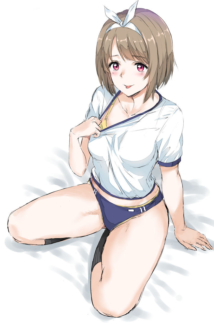 1girl asymmetrical_hair bike_shorts black_legwear blue_buruma bob_cut bow breasts brown_hair buruma collarbone grey_hair gym_shirt gym_uniform hair_bow headset highres kamishiro_ryuu kneeling love_live! love_live!_nijigasaki_high_school_idol_club medium_breasts nakasu_kasumi panties panties_under_bike_shorts panties_under_buruma red_eyes shirt short_hair short_sleeves solo underwear white_background white_bow white_shirt