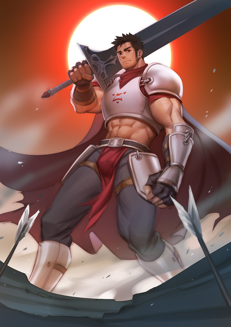 1boy abs armor arrow bara beard black_pants breastplate bulge check_copyright chrisanother copyright_request facial_hair feet_out_of_frame holding holding_sword holding_weapon large_pectorals leggings looking_at_viewer male_focus mature_male midriff moon muscular muscular_male navel navel_hair original over_shoulder pants pectorals pelvic_curtain red_moon short_hair sideburns solo stomach stubble sword sword_over_shoulder thick_thighs thighs weapon weapon_over_shoulder wind