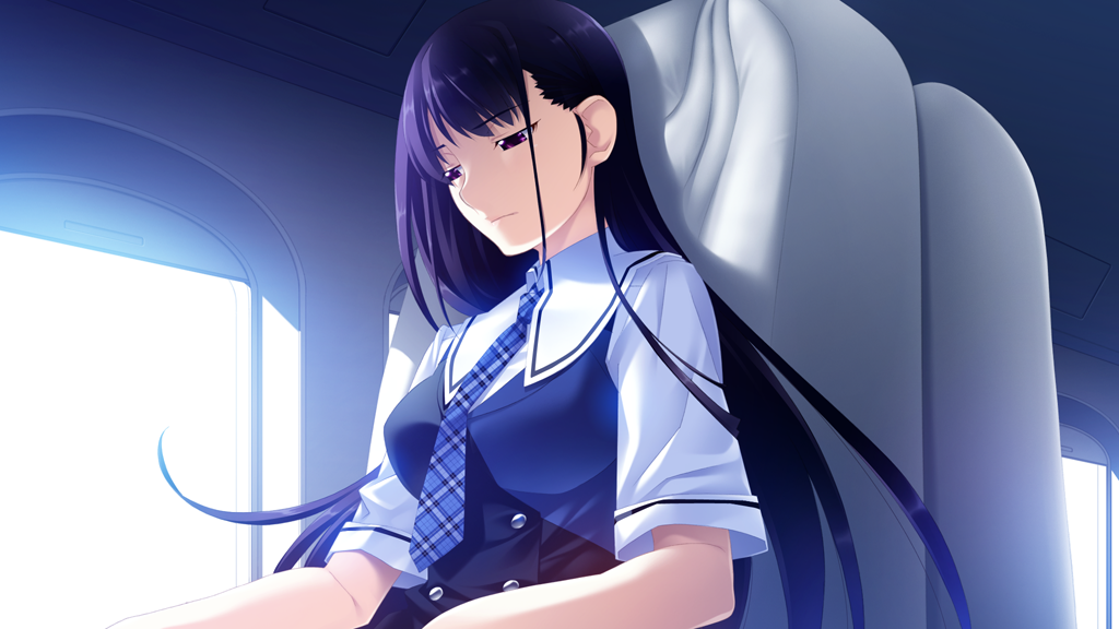 1girl airplane_interior black_dress black_hair blue_dress blue_necktie breasts buttons closed_mouth double-breasted dress game_cg grisaia_(series) grisaia_no_kajitsu hair_behind_ear half-closed_eyes leather_chair long_hair looking_down medium_breasts necktie non-web_source on_chair plaid_clothes plaid_necktie purple_eyes sailor_collar sakaki_yumiko shirt short_sleeves sitting solo two-tone_dress upper_body very_long_hair watanabe_akio white_sailor_collar white_shirt window