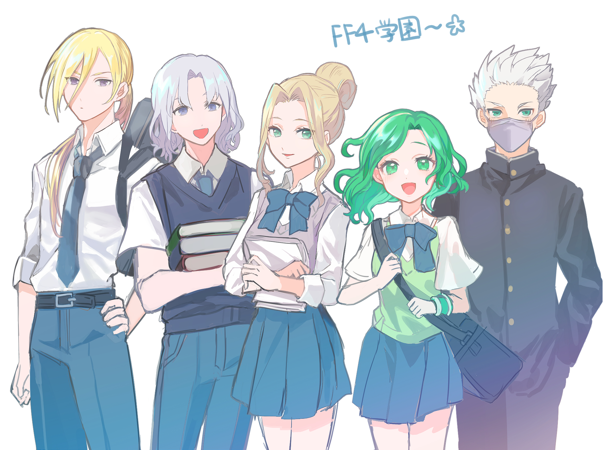 2girls 3boys blonde_hair cain_highwind cecil_harvey chisora_(chisora_ra) edward_geraldine final_fantasy final_fantasy_iv green_eyes green_hair highres long_hair looking_at_viewer mask mouth_mask multiple_boys multiple_girls open_mouth pleated_skirt protected_link rosa_farrell rydia_(adult)_(ff4) rydia_(ff4) school_uniform simple_background skirt smile white_background