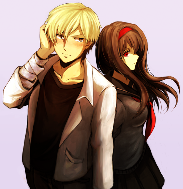 1boy 1girl bandaged_arm bandages black_serafuku black_shirt blonde_hair blush breasts brown_hair closed_mouth commentary_request doraemon doraemon:_nobita_no_biohazard expressionless hairband jacket long_hair long_sleeves looking_at_viewer medium_breasts mido_(byebyebye03) midorikawa_seina neckerchief ouga_kenji purple_background red_eyes red_hairband red_neckerchief school_uniform serafuku shirt short_hair simple_background t-shirt upper_body white_jacket yellow_eyes