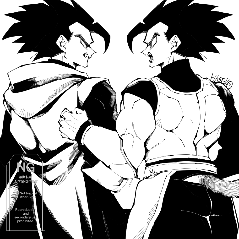 2boys angry artist_name bracer brothers clenched_hand cloak commentary_request dragon_ball dragon_ball_legends eye_contact from_behind giblet_(dragon_ball) haseko123 hood hooded_cloak looking_at_another male_focus monkey_boy monkey_tail monochrome multiple_boys muscular muscular_male open_mouth profile saiyan_armor shallot_(dragon_ball) short_hair siblings single_bang spiked_hair tail teeth twins watermark