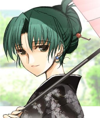 00s 1girl black_eyes earrings female_focus green_eyes green_hair higurashi_no_naku_koro_ni japanese_clothes jewelry kimono light_smile looking_at_viewer lowres matching_hair/eyes mature_female parasol smile solo sonozaki_akane umbrella