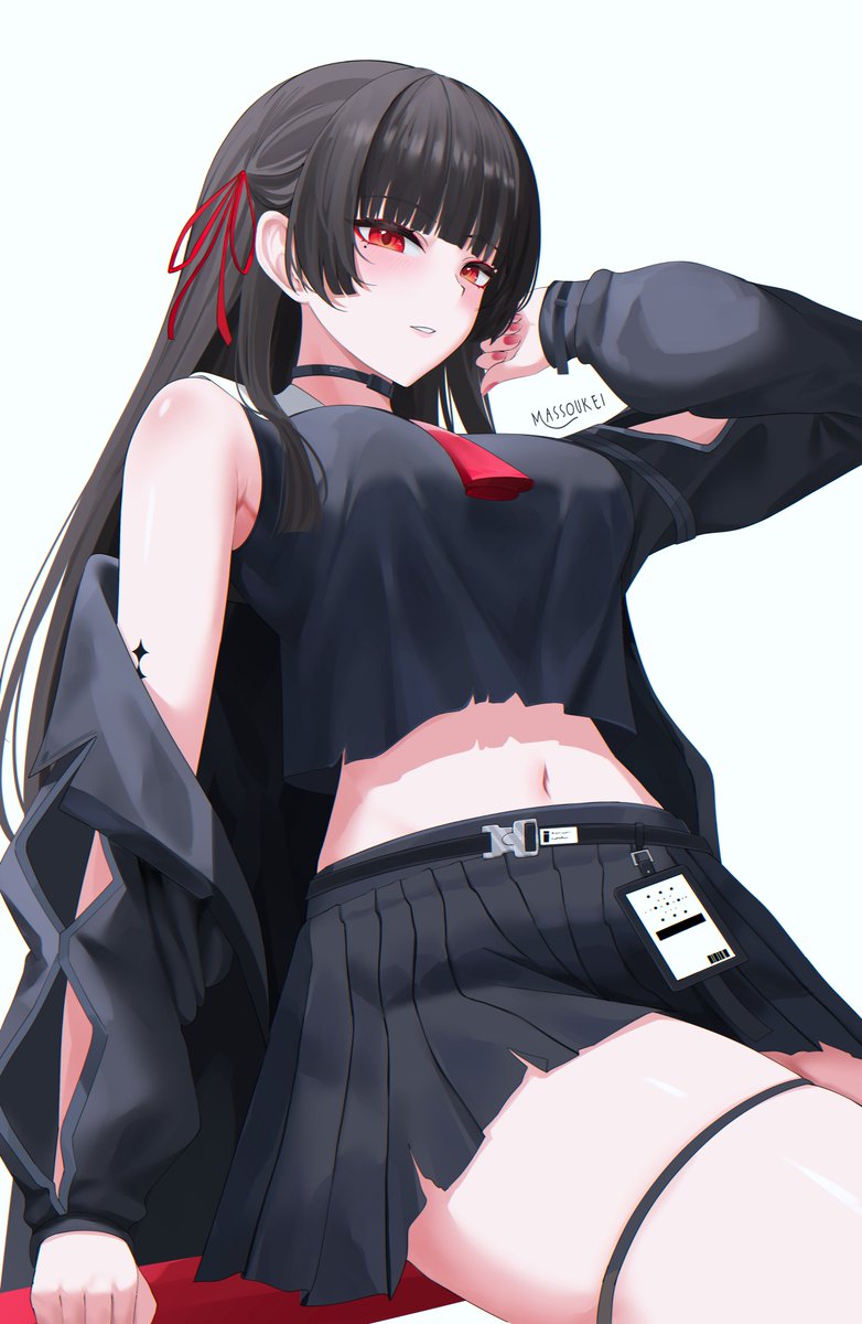 1girl arm_cutout artist_name bare_shoulders black_choker black_jacket black_serafuku black_shirt black_skirt blunt_bangs breasts chisa_(wuthering_waves) choker chromatic_aberration clothes_down clothing_cutout commentary fingernails from_below hair_ribbon highres jacket large_breasts long_sleeves looking_at_viewer massoukei midriff mole mole_under_eye nail_polish navel neckerchief parted_lips red_eyes red_nails red_neckerchief red_ribbon ribbon school_uniform serafuku shirt simple_background skirt solo thigh_strap thighs white_background wuthering_waves