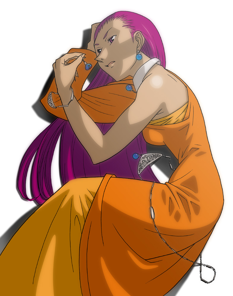 1girl asymmetrical_dress blue_gemstone borrowed_accessory bracelet breasts dark-skinned_female dark_skin dragon_quest dragon_quest_iv dress drop_shadow earrings feet_out_of_frame fingernails from_above full_body gem hair_pulled_back hand_on_own_head holding holding_earrings holding_jewelry jewelry long_dress long_fingernails long_hair long_sleeves looking_at_object lying minea_(dq4) neck_ring no_headwear on_side orange_dress parted_lips purple_eyes purple_hair single_bare_shoulder single_sleeve slime_(dragon_quest) solo sphere_earrings white_background yokoshima_tomoaki