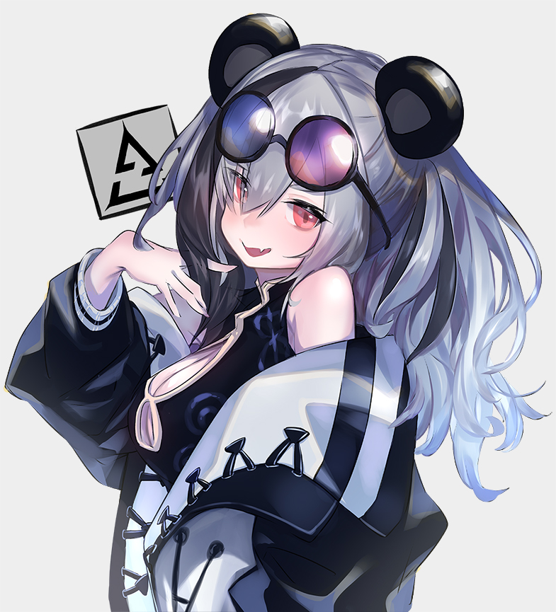 1girl animal_ears arknights breasts china_dress chinese_clothes cleavage cleavage_cutout clothing_cutout commentary_request dress eyewear_on_head fang feater_(arknights) grey_background grey_hair jacket looking_at_viewer multicolored_hair panda_ears panda_girl pink_eyes round_eyewear shigi_0 simple_background skin_fang smile solo streaked_hair twintails upper_body