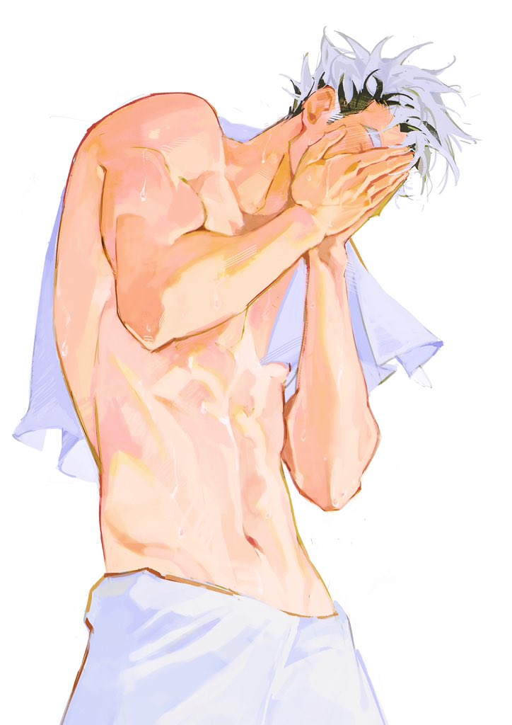 11114tai 1boy arms_up black_hair bokuto_koutarou collarbone covering_own_eyes cowboy_shot groin haikyuu!! male_focus multicolored_hair solo topless_female topless_male towel_around_waist towel_on_one_shoulder wet wet_hair white_background white_hair