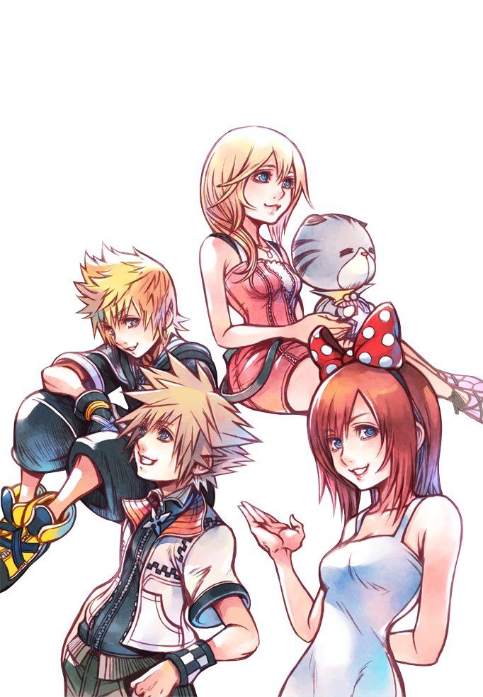 2boys 2girls bare_shoulders black_gloves black_jacket blonde_hair bow breasts brown_hair chirithy cosplay costume_switch creature dress fingerless_gloves gloves hair_bow invisible_chair jacket kairi_(kingdom_hearts) kairi_(kingdom_hearts)_(cosplay) kingdom_hearts kingdom_hearts_ii kingdom_hearts_x lips long_hair medium_breasts multiple_boys multiple_girls namine namine_(cosplay) nomura_tetsuya official_art parted_lips pink_lips pointy_hair red_bow red_hair roxas roxas_(cosplay) shoes short_hair short_sleeves simple_background sitting sleeveless sleeveless_dress sora_(kingdom_hearts) sora_(kingdom_hearts)_(cosplay) third-party_source white_background white_dress white_jacket yellow_shoes