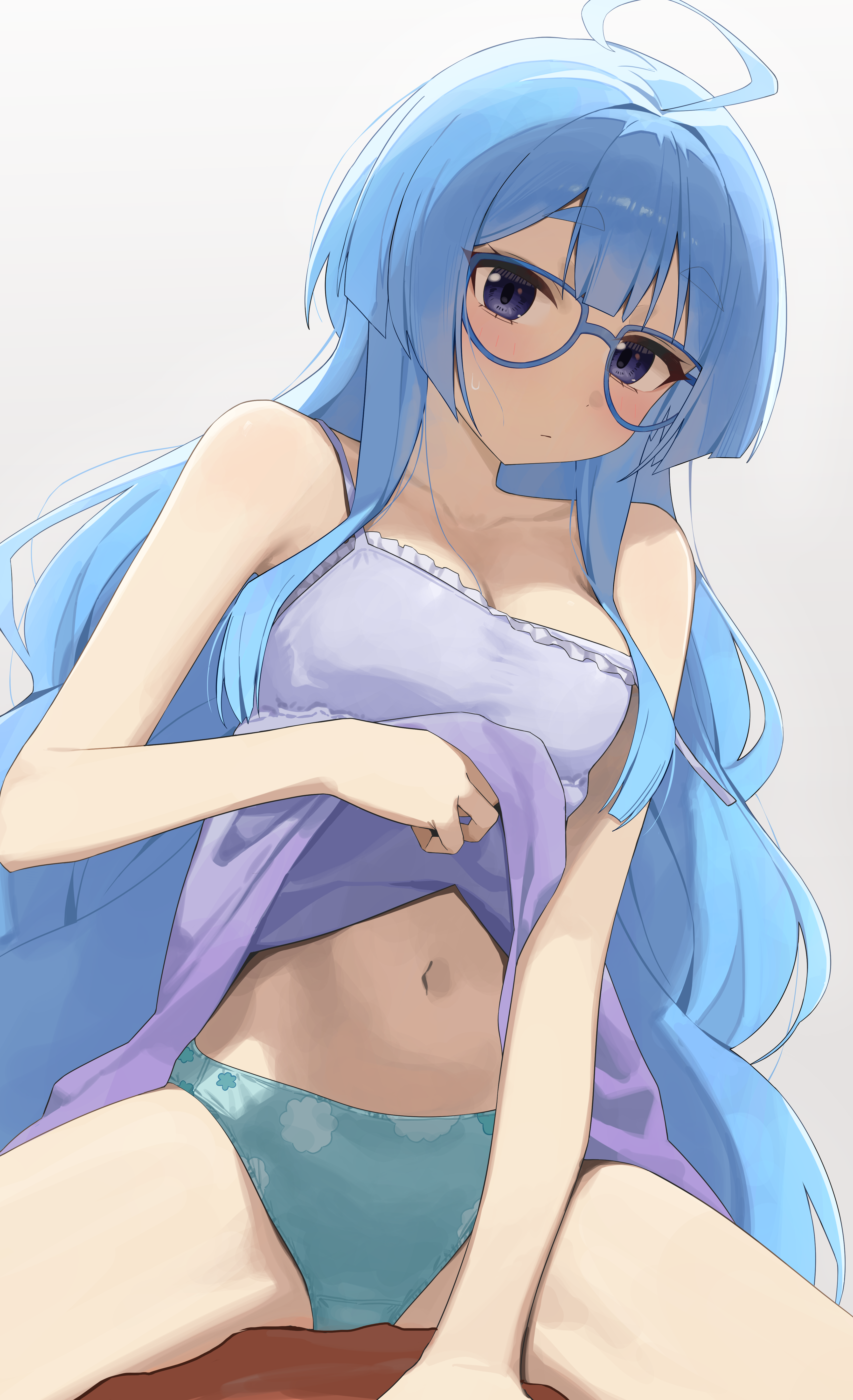 1girl absurdres ahoge aqua_panties blue-framed_eyewear blue_eyes blue_hair breasts cleavage closed_mouth clothes_lift commentary dress dress_lift glasses hair_intakes highres lifting_own_clothes long_hair long_sidelocks looking_at_viewer medium_breasts navel panties purple_dress shiunji-ke_no_kodomotachi shiunji_seiha sidelocks sitting sleeveless sleeveless_dress solo spaghetti_strap strap_slip syhan thick_eyebrows thighs underwear