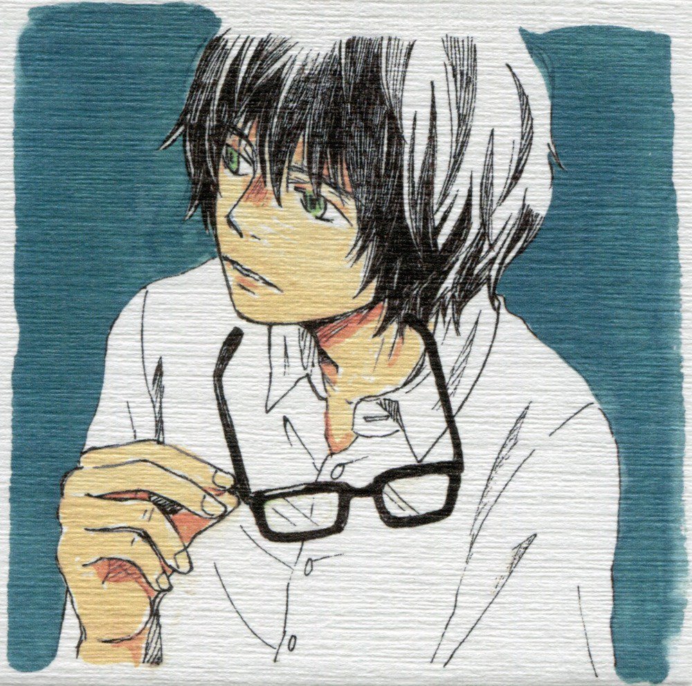 1boy black-framed_eyewear black_hair blue_background border buttons collared_shirt dress_shirt expressionless unworn_eyewear facing_away fingernails glasses green_eyes hand_up head_tilt holding holding_removed_eyewear jitome kiriyama_rei lips looking_afar male_focus messy_hair no_eyewear parted_lips sangatsu_no_lion shirt simple_background solo umino_chika upper_body white_border white_shirt
