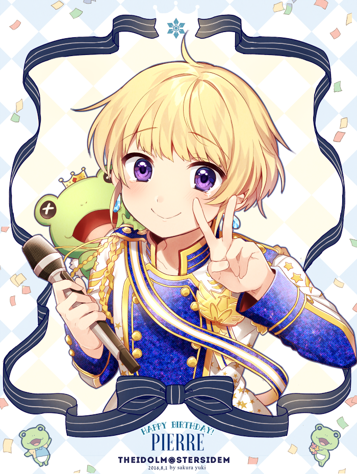 1boy bishounen blonde_hair blue_jacket character_name copyright_name earrings happy_birthday holding holding_microphone idol_clothes idolmaster idolmaster_side-m jacket jewelry kaerre long_sleeves looking_at_viewer male_focus microphone multicolored_jacket pierre_bichelberger purple_eyes sakura_yuki_(clochette) short_hair smile solo stuffed_animal stuffed_frog stuffed_toy v white_background white_jacket