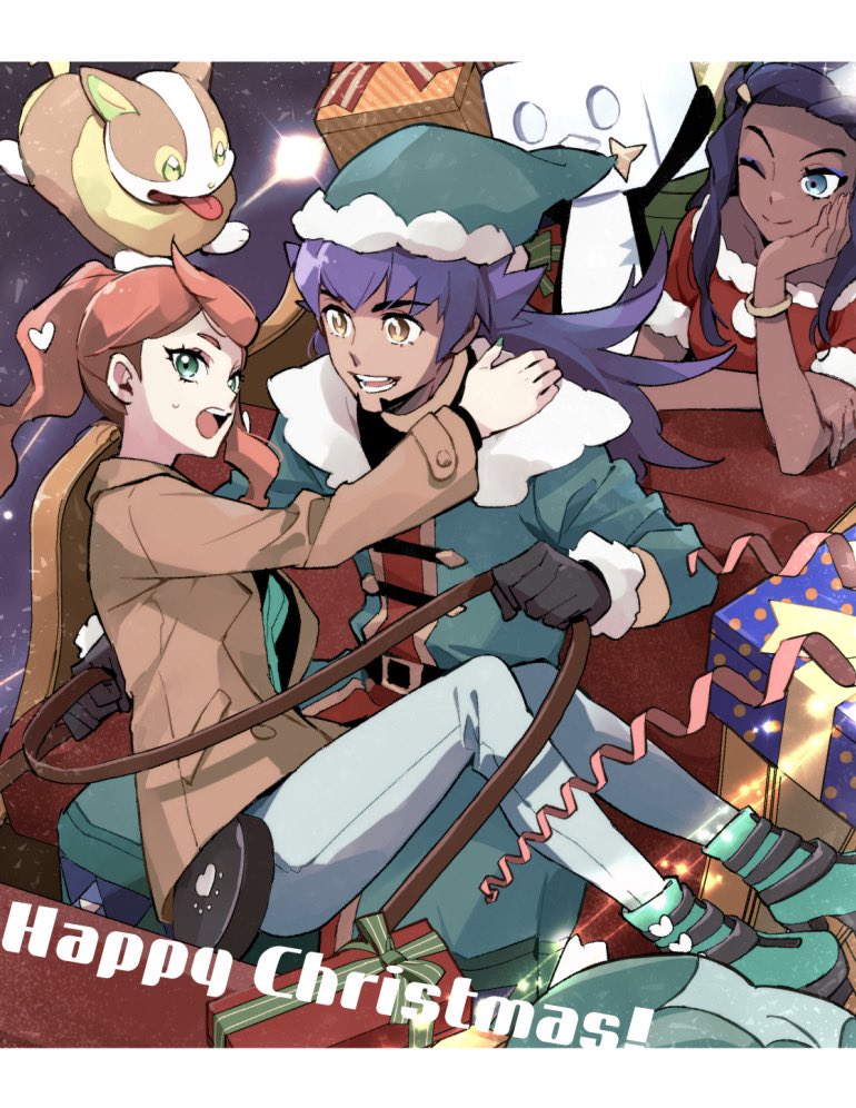1boy 2girls arm_support blue_eyes boots christmas dark-skinned_female dark-skinned_male dark_skin dress eiscue eiscue_(ice) facial_hair game_freak gen_8_pokemon gift gloves green_headwear leon_(holiday_2021)_(pokemon) leon_(pokemon) multicolored_hair multiple_girls nessa_(holiday_2021)_(pokemon) nessa_(pokemon) nintendo official_alternate_costume one_eye_closed pokemon pokemon_(creature) pokemon_masters_ex pokemon_swsh santa_costume santa_dress side_ponytail sled smile sonia_(pokemon) tongue tongue_out two-tone_hair yamper yellow_eyes yuden_33