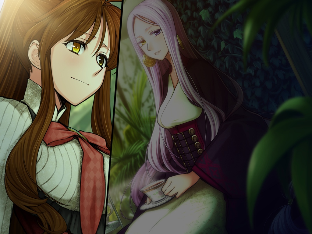 2girls brown_hair game_cg heterochromia liarsoft long_hair multiple_girls ourai_no_gahkthun purple_hair steampunk_(liarsoft)