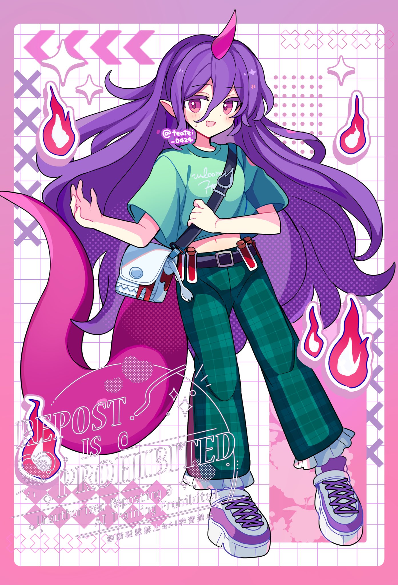 1girl :d bag belt black_belt blush border commentary_request fork frilled_pants frills full_body green_pants green_shirt grid_background hair_between_eyes hand_up highres horns long_hair looking_at_viewer midriff navel open_mouth outside_border pants plaid_clothes plaid_pants purple_border purple_hair purple_horns purple_shoes red_eyes shirocha_tei shirt shoes short_sleeves shoulder_bag single_horn smile sneakers solo sparkle standing t-shirt tenkajin_chiyari test_tube touhou twitter_username watermark white_background