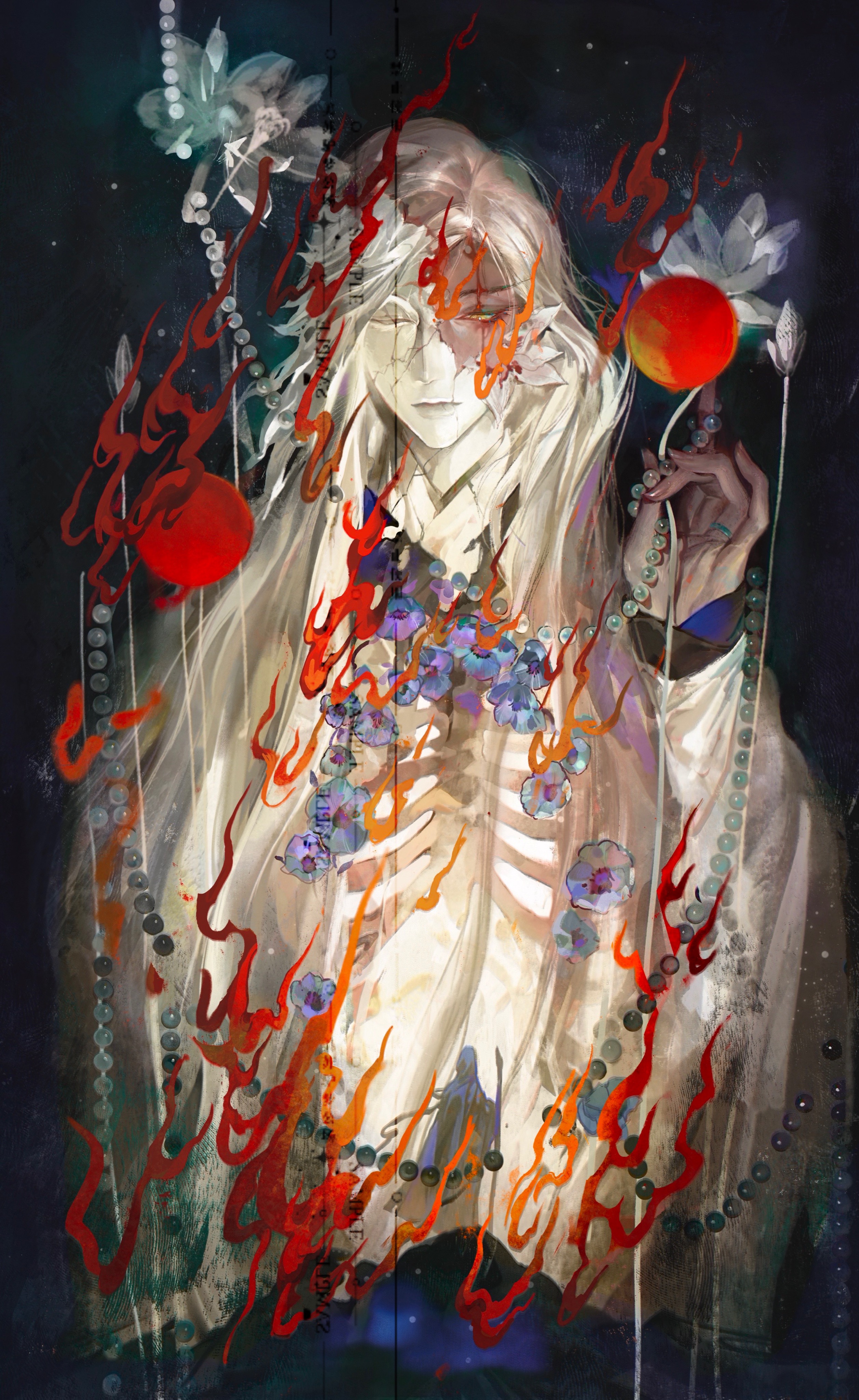1boy absurdres beads black_background blue_flower chinese_clothes closed_mouth cracked_mask facial_mark feet_out_of_frame fire flower glowing half_mask hand_up hanfu highres holding holding_staff huadian jewelry jinguang_budaixi long_hair long_sleeves male_focus mask moranhuishouquandoushigou multicolored_flower multiple_views parted_bangs pointing pointing_up prayer_beads purple_flower qiao_rulai ribs ring solo_focus staff standing straight-on upper_body white_flower white_hair white_hanfu white_sleeves yellow_eyes