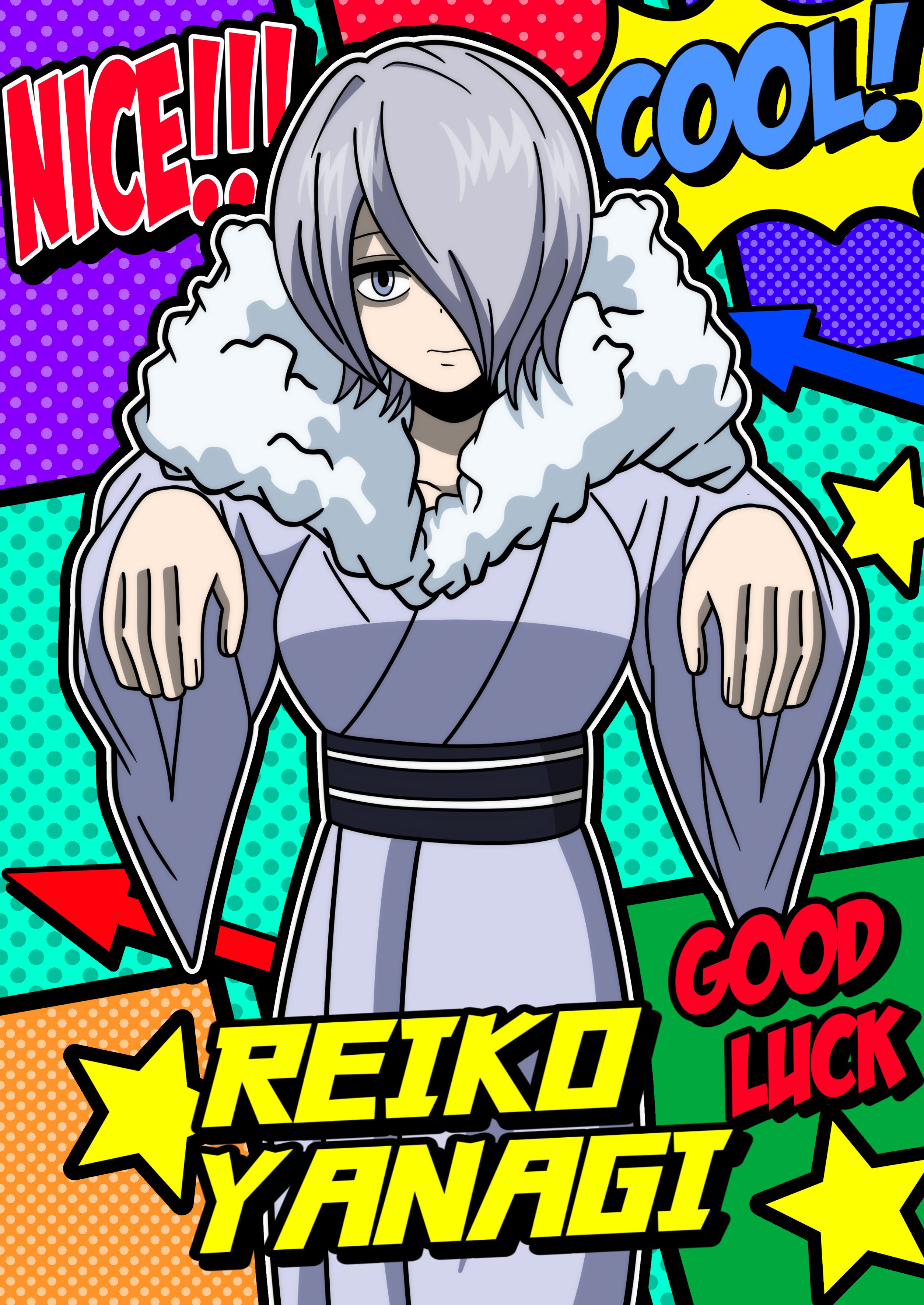 1girl absurdres artist_request asymmetrical_bangs black_choker black_sash boku_no_hero_academia breasts character_name choker english_text expressionless eyelashes female_focus fingernails fur_collar ghost_pose grey_eyes grey_kimono hair_over_one_eye hands_up highres japanese_clothes kimono legs looking_at_viewer matching_hair/eyes medium_breasts medium_hair multicolored_background neck obi official_alternate_costume outstretched_arms sash sidelocks silver_hair standing thighs traditional_clothes wide_sleeves yanagi_reiko