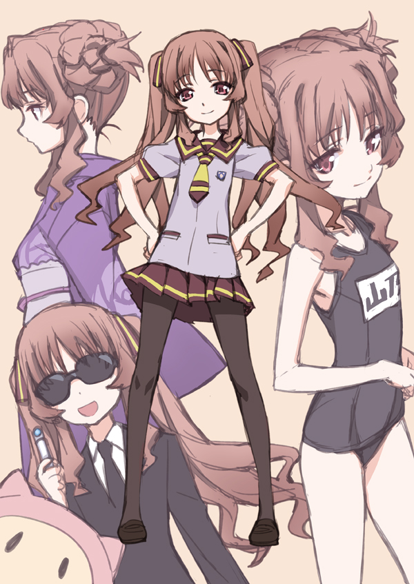 10s 1girl :d ano_natsu_de_matteru bad_id bad_pixiv_id bare_shoulders black_pantyhose brown_hair female_focus formal_clothes glasses hair_ribbon hair_up hands_on_own_hips japanese_clothes kimono long_hair looking_at_viewer matsuryuu men_in_black necktie obi old_school_swimsuit one-piece_swimsuit open_mouth pantyhose petite pleated_skirt red_eyes ribbon rinon_(ano_natsu_de_matteru) sash school_swimsuit school_uniform sketch skirt smile solo suit sunglasses swimsuit twintails yamano_remon