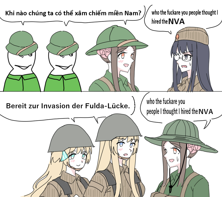 2boys 4girls blonde_hair brown_hair camouflage combat_helmet english_text garrison_cap german_text glasses gretel_jeckeln grey_eyes hat helmet homuhomu1208 irisdina_bernhard liz_hohenstein long_hair meme multiple_boys multiple_girls muv-luv muv-luv_alternative name_connection nationale_volksarmee people&#039;s_army_of_vietnam pham_thi_ran pith_helmet pun schwarzesmarken speech_bubble stahlhelm_m1956 sweat translation_request vietnamese_text who_the_fuck_are_you_people_i_thought_i_hired_goons_(meme)