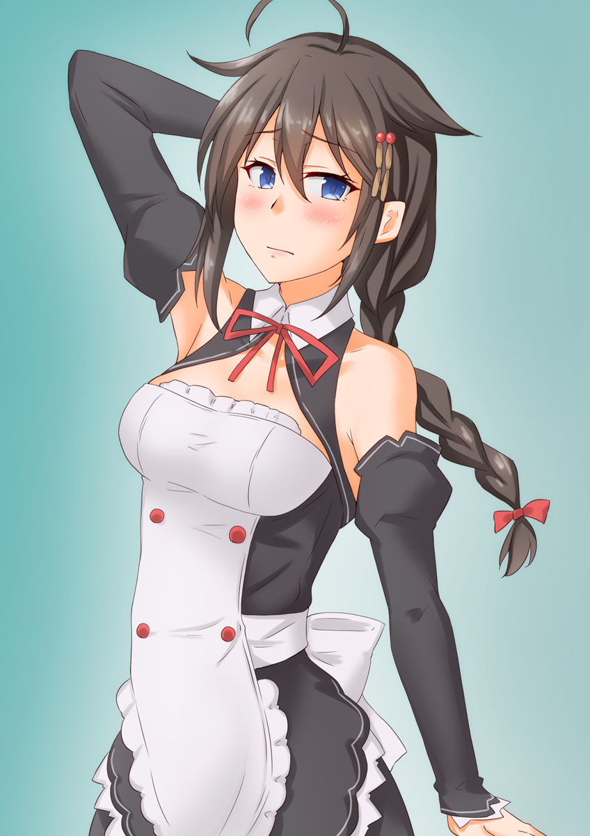 1girl ahoge anti_(untea9) bare_shoulders black_hair blue_background blue_eyes braid commentary_request cosplay cowboy_shot detached_sleeves dream_c_club dream_c_club_(series) dream_c_club_zero gradient_background hair_flaps hair_over_shoulder highres kantai_collection long_hair looking_at_viewer shigure_(kancolle) single_braid solo waitress