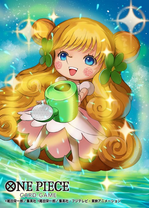 1girl blonde_hair blue_eyes blush_stickers commentary_request copyright_name dress holding holding_watering_can long_hair mansherry_(one_piece) mini_person muraicchi_(momocchi) official_art one_piece one_piece_card_game pink_dress pointy_nose puffy_short_sleeves puffy_sleeves short_sleeves smile solo sparkle teeth upper_teeth_only very_long_hair watering_can