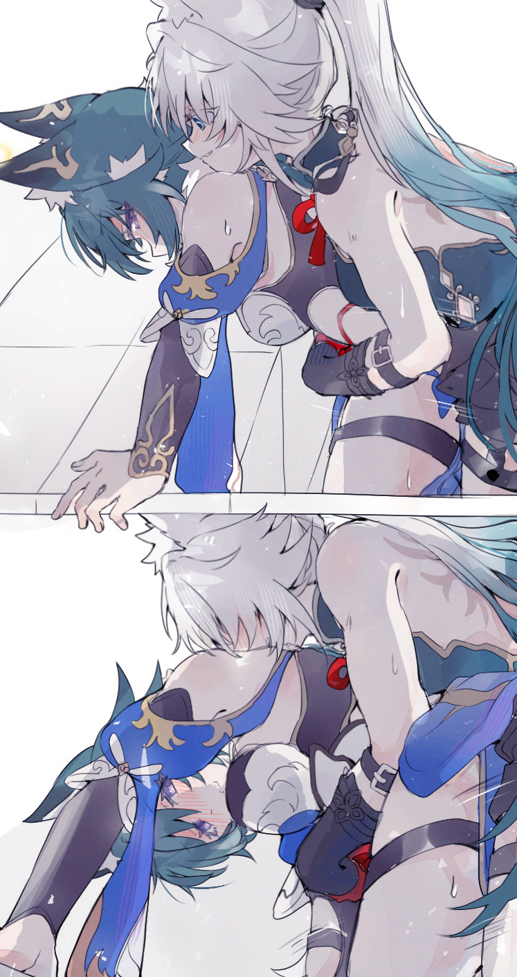 2girls 2koma blush comic feixiao_(honkai:_star_rail) fud honkai:_star_rail honkai_(series) multiple_girls sex sex_from_behind standing standing_sex sweat white_hair yukong_(honkai:_star_rail)