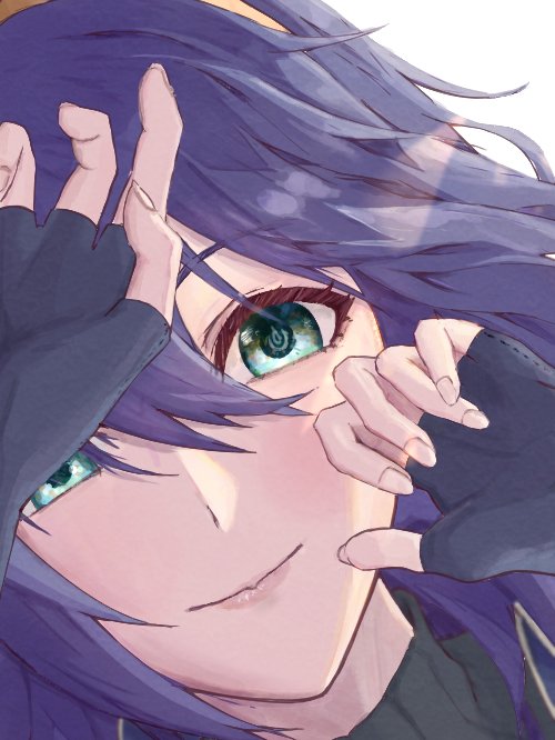 1girl blue_eyes blue_gloves blue_hair brand_of_the_exalt close-up closed_mouth commentary english_commentary fingerless_gloves fire_emblem fire_emblem_awakening gloves hair_between_eyes long_hair looking_at_viewer lucina_(fire_emblem) mixed-language_commentary nintendo smile solo strixinkagoshim symbol_in_eye white_background