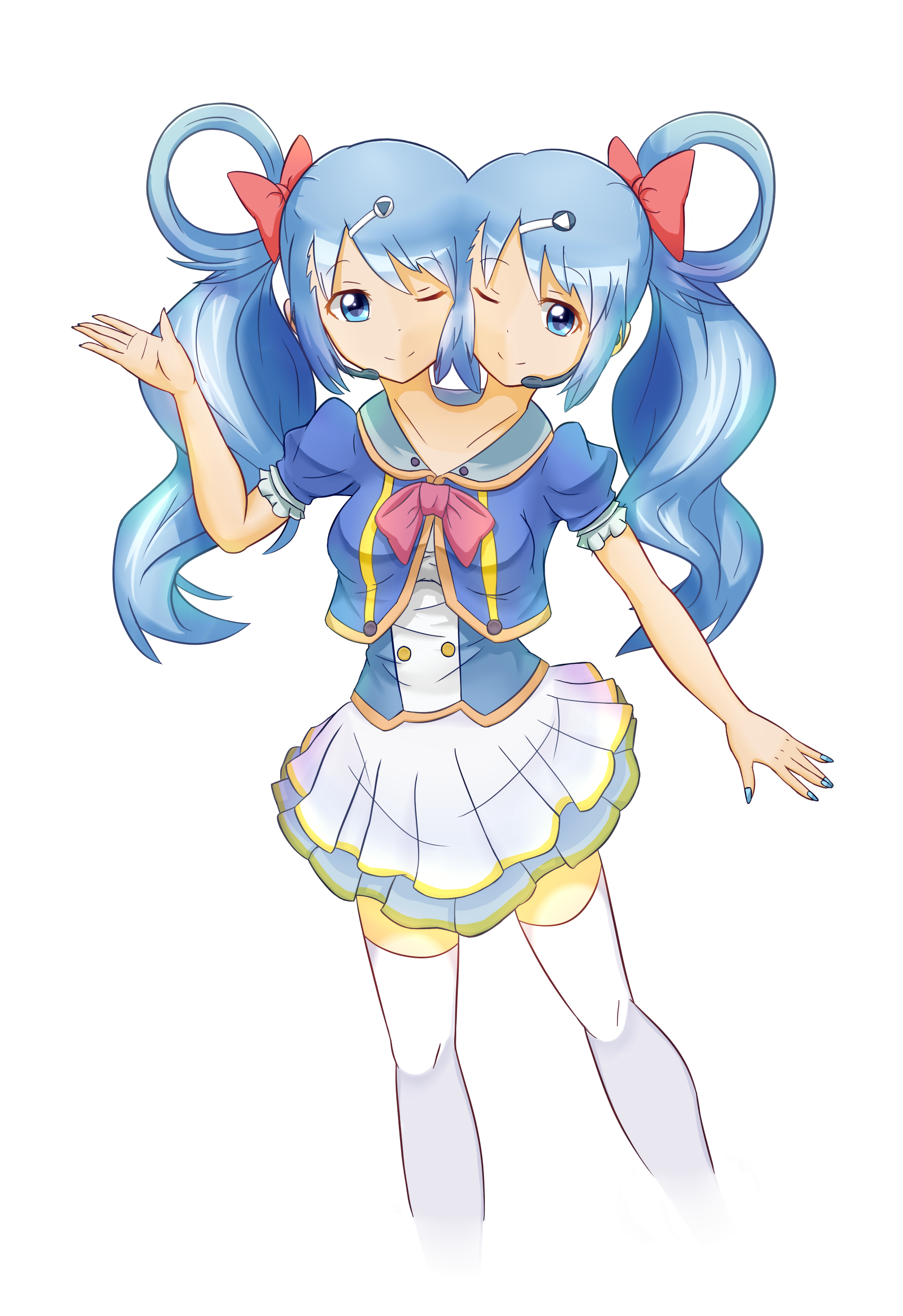 1girl absurdres blue_hair conjoined hair_ornament hairpin highres idol ribbon swallowtail thighhighs twintails two_heads wink