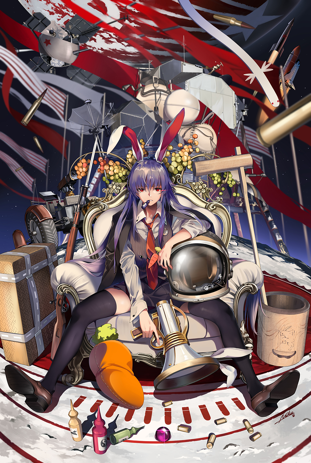 1girl ampule animal_ears animal_print apollo_lunar_module armchair bayonet black_jacket black_skirt black_thighhighs blue_hair bolt_action brown_shoes bullet carrot cartridge chair commentary_request crescent crescent_pin dress_shirt frog_print full_body glowing glowing_eye gun hat helmet highres jacket jacket_on_shoulders kine kune-kune legacy_of_lunatic_kingdom light_trail long_hair long_sleeves looking_at_viewer lunar_roving_vehicle lunatic_gun mallet mary_janes mauser_98 medicine_box miniskirt moon mortar_(bowl) mouth_hold necktie neko_(yanshoujie) on_chair pennant pinstripe_pattern purple_hair rabbit_ears red_eyes red_necktie reisen_udongein_inaba rifle rocket_ship shell_casing shirt shoes signature sitting skirt sleeve_rolled_up solo space_helmet space_shuttle spacecraft star_(symbol) star_symbol_background striped stuffed_carrot stuffed_toy thighhighs tie_clip touhou trigger_discipline weapon white_shirt witch_hat yin_yang yin_yang_print